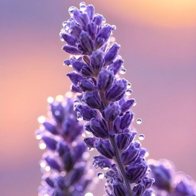 Close-up of lavender flowers with water droplets on a blurred background