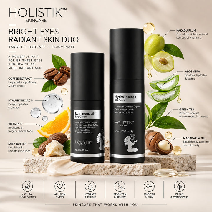Bright Eyes & Radiant Skin Duo Holistik Skincare When your eyes look tired and your skin feels dull or dehydrated, this duo gives your routine a simple brightening and hydration reset.
