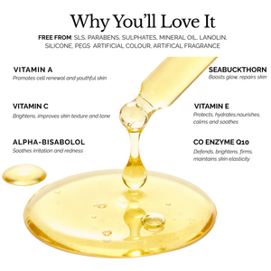 Eternal Youth Elixir by Holistik Skincare serum texture text listing key ingredients and benefits on a white background