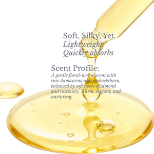 Eternal Youth Elixir Serum Texture with text describing texture and scent profile on a white background