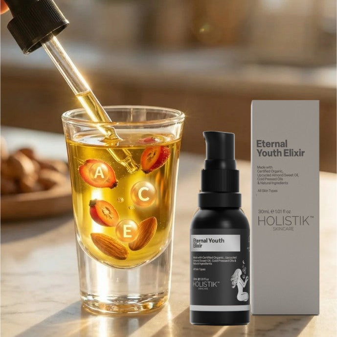 Holistik skincare Eternal Youth Elixir with a glass filled with oil with rosehips and letter vitamins A, C, E with a blurred background