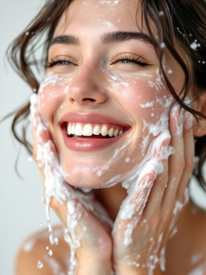 Woman with cleanser on her face against a light background