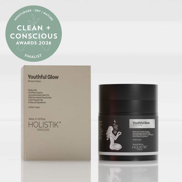 Holistik Youthful Glow Youthful Glow Shroom Cream product packaging on a white background with Clean & Conscious Finalist Award badge.