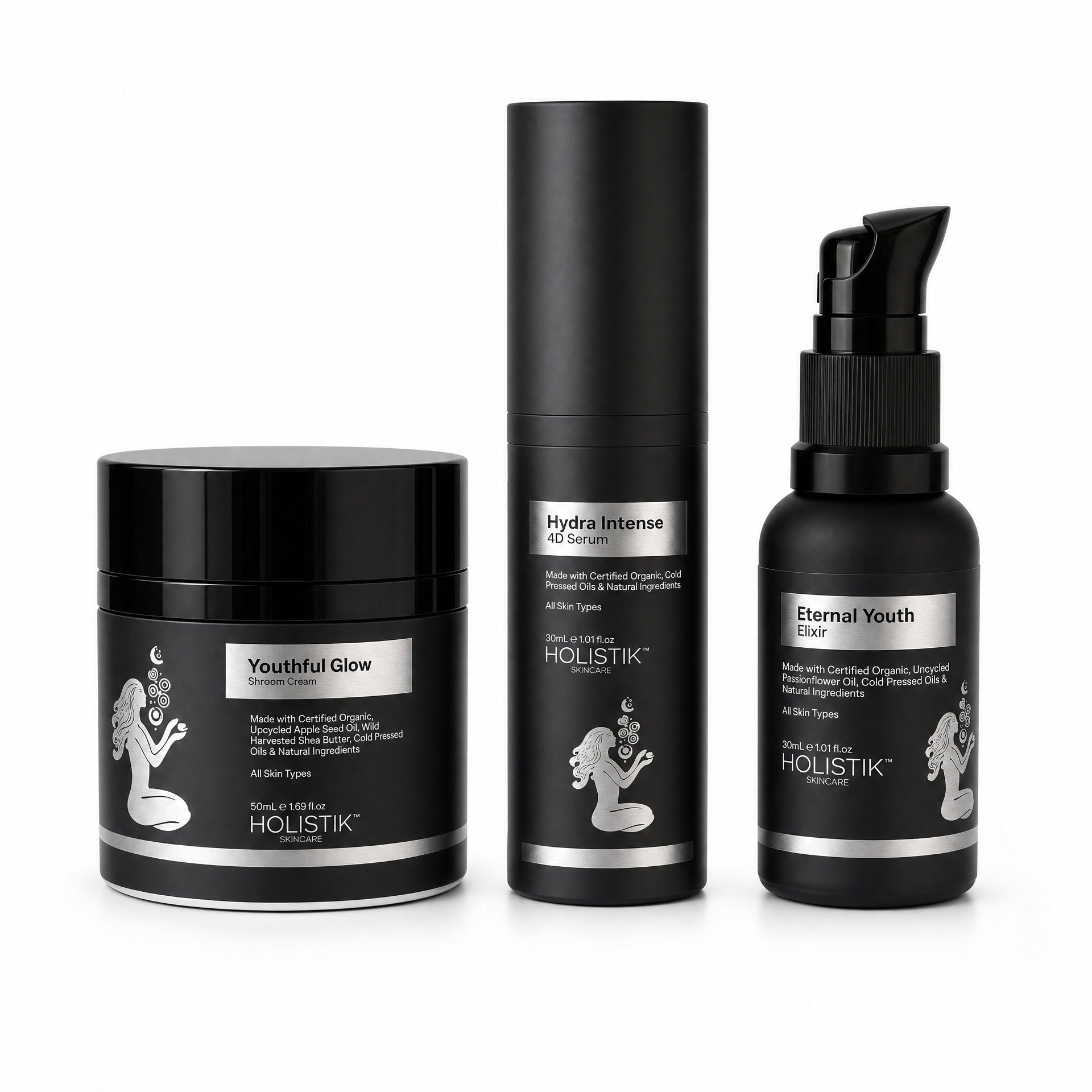 Holistik Skincare BioHack Your Glow Set 3-step hydration and anti-ageing skincare routine pairing Hydra Intense 4D Serum, Youthful Glow Shroom Cream and Eternal Youth Elixir 