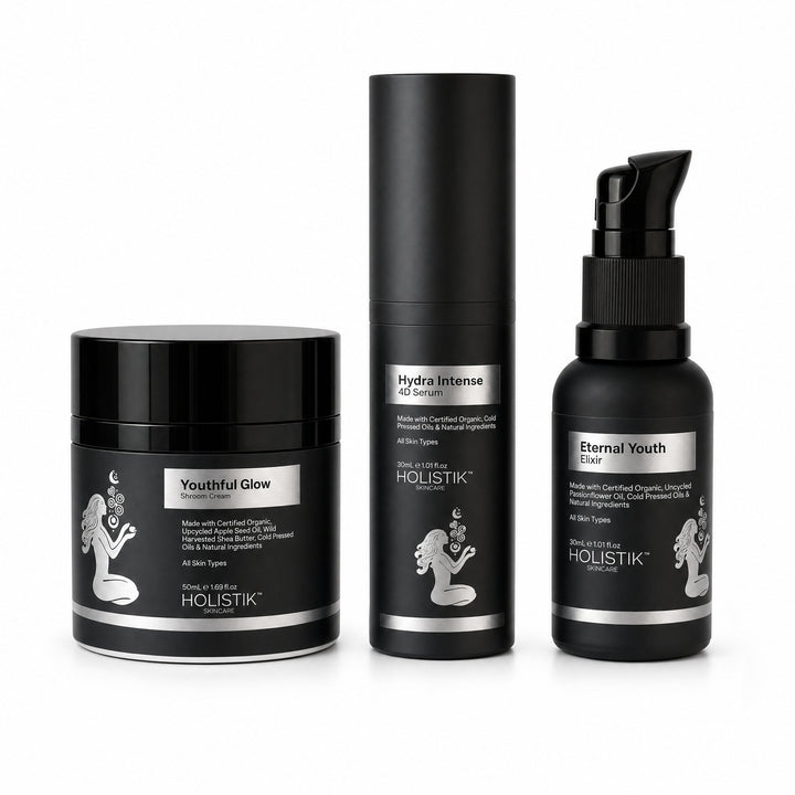 Holistik Skincare BioHack Your Glow Set 3-step hydration and anti-ageing skincare routine pairing Hydra Intense 4D Serum, Youthful Glow Shroom Cream and Eternal Youth Elixir 