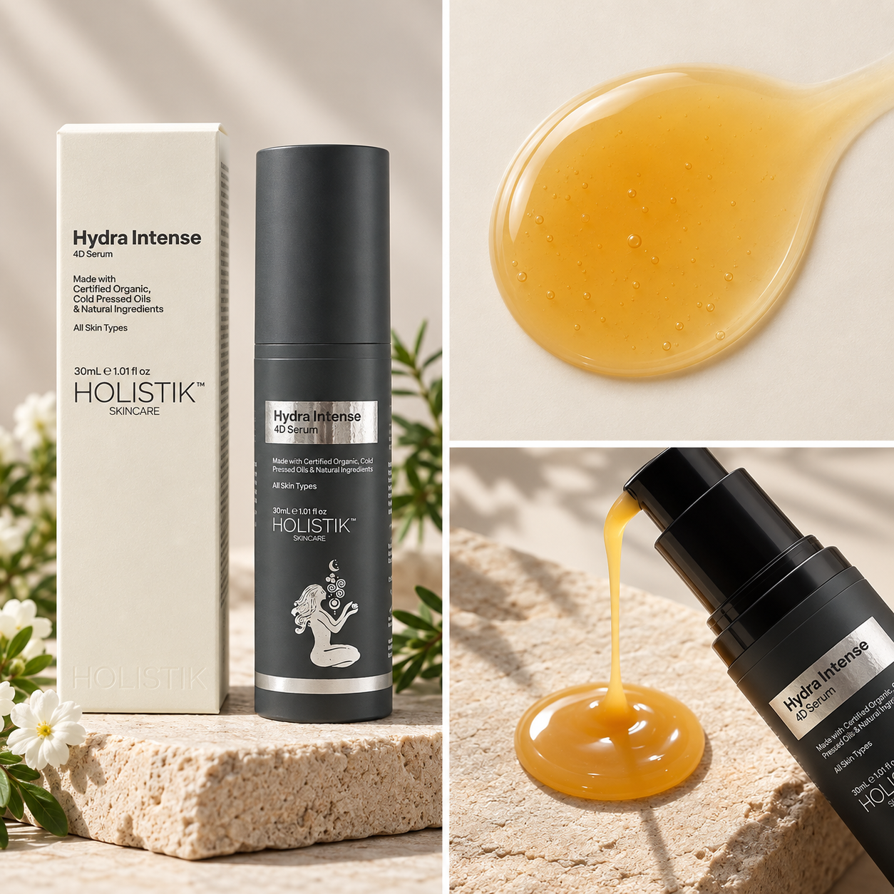 Holistik Hydra Intense 4D Hydrating Face Serum for dry, dehydrated skin shown with its white box, a black pump bottle, a close-up of thick golden serum texture dripping onto a stone surface.