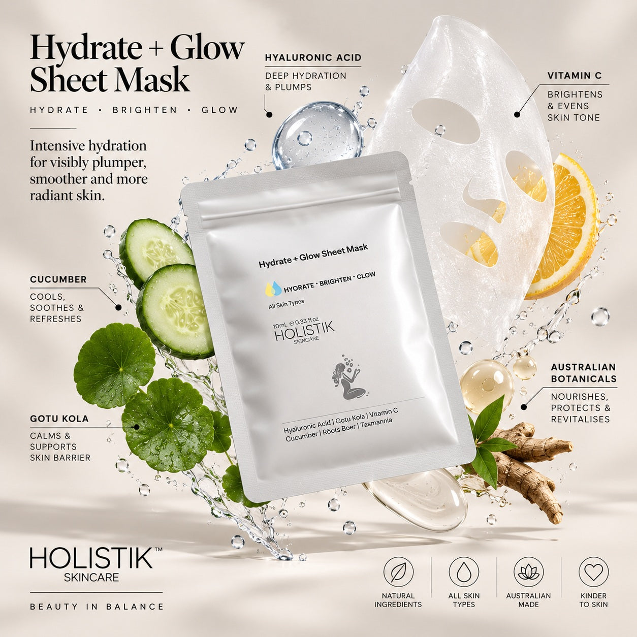 Holistik Skincare Hydrate & Glow Sheet Mask Hydrate Brighten Glow