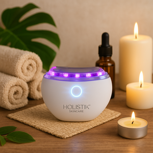 Holistik Skincare_LED Gua Sha Violet Light_Bathroom Scene Product Photo