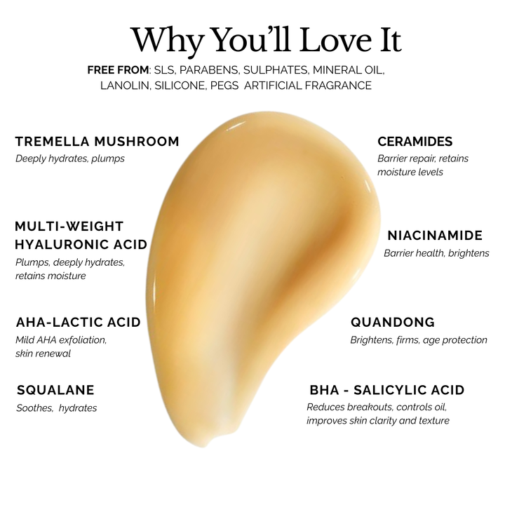 Holistik Skincare Hydra Intense 4D Serum Texture with key ingredients and benefits on a white background