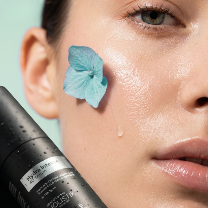 Close-up of a woman's face with a blue flower on her cheek, next to Holistik Skincare Hydra Intense 4D Serum product.