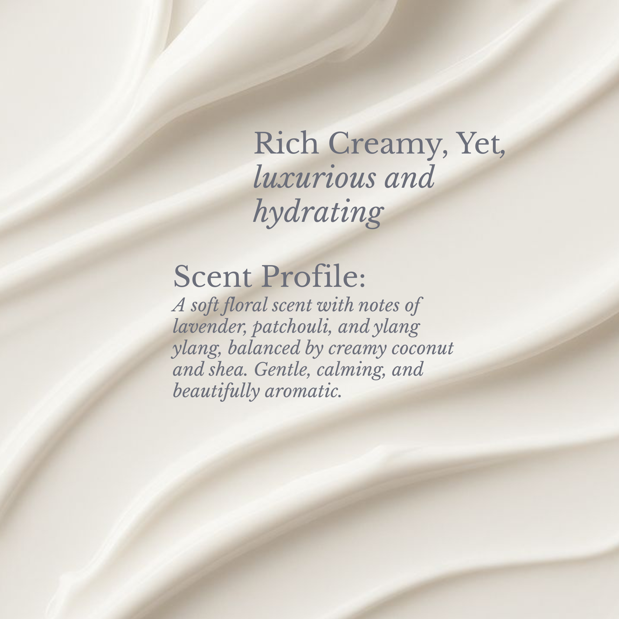 Holistik Skincare HydraLuxe Cleansing Milk texture description scent profile on a soft creamy texture background.