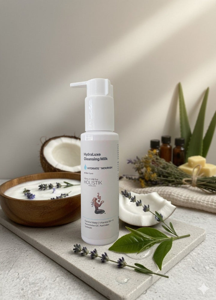 HydraLuxe Cleansing Milk bottle with Shea Butter and Watermelon Seed Oil for deep cleansing and nourishment - Holistik Skincare