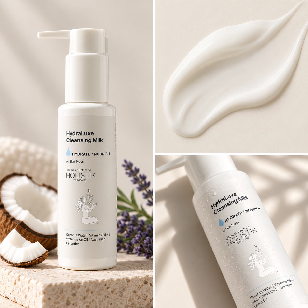 HydraLuxe Cleansing Milk Hydrating Cream Cleanser for Dry Sensitive Skin Holistik Skincare