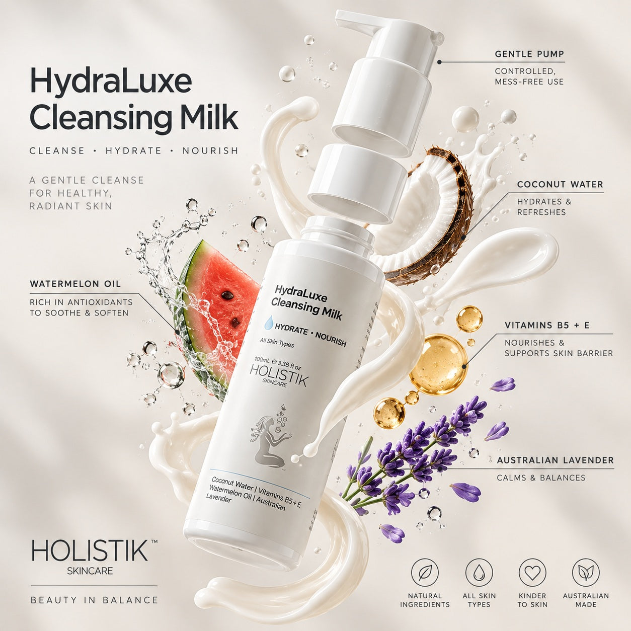 HydraLuxe Cleansing Milk Holistik Skincare Creamy comfort for dry, sensitive skin