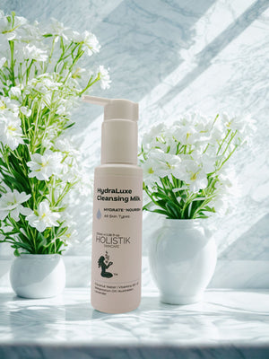 HydraLuxe Cleansing Milk bottle with white flowers in the background bathroom scene