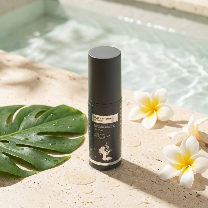 Holistik Skincare Hydra Intense 4D Serum bottle with flowers and leaves on a natural background