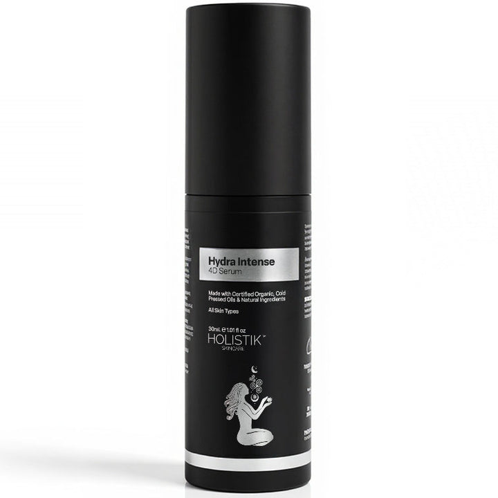 Black Serum Bottle with Black and silver label on white background