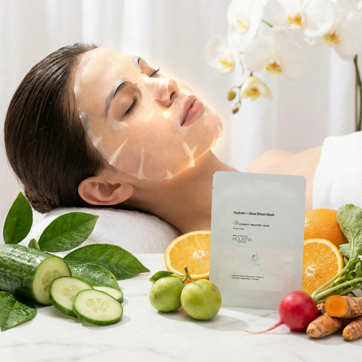 Woman wearing Hydrate and Glow Bamboo Sheet Mask surrounded by natural fruit and botanical ingredients
