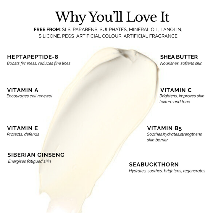 Holistik Skincare Luminous Lift Eye Cream swatch with key ingredients and benefits on white background