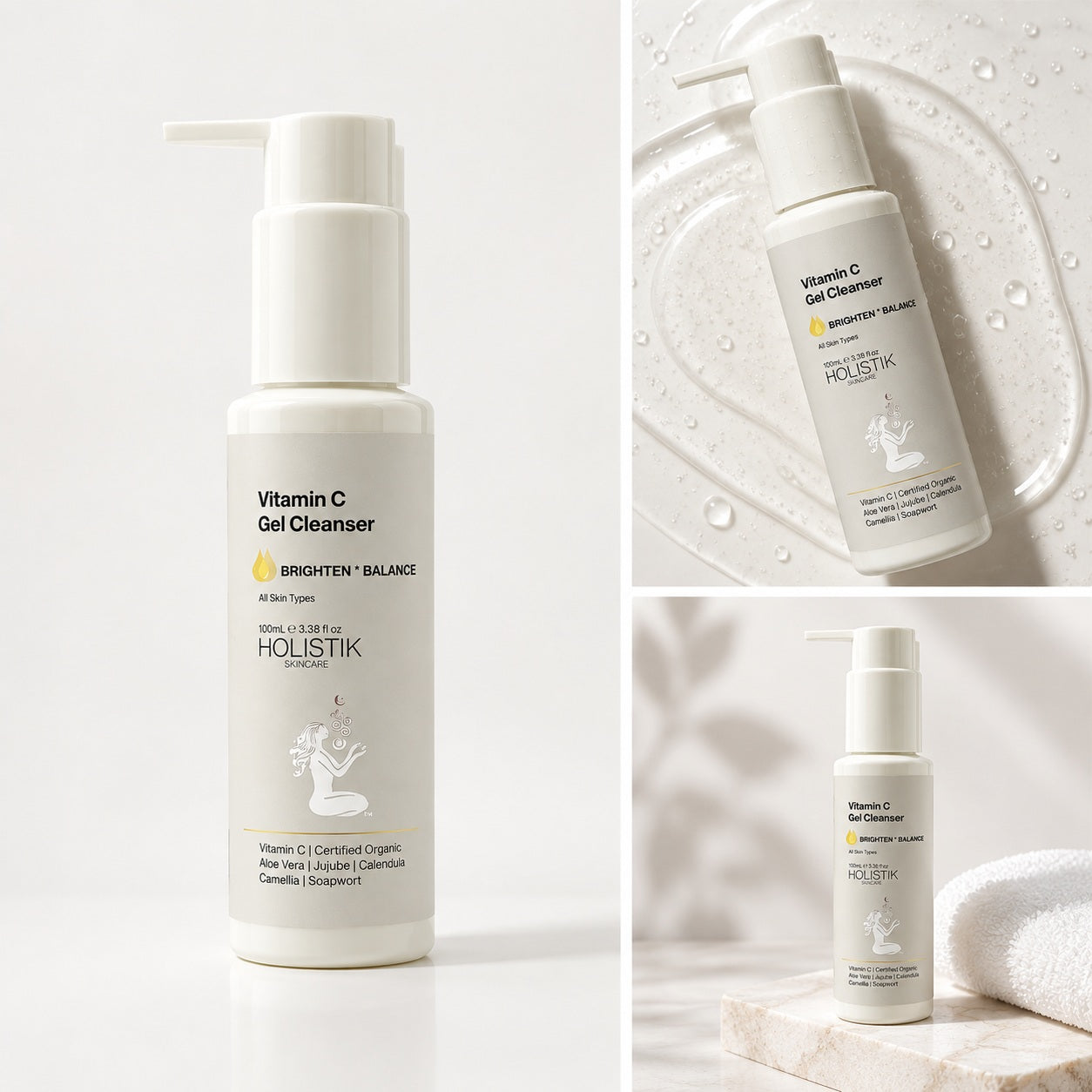 Vitamin C Brightening Gel Cleanser Holistik Skincare White Background and texture