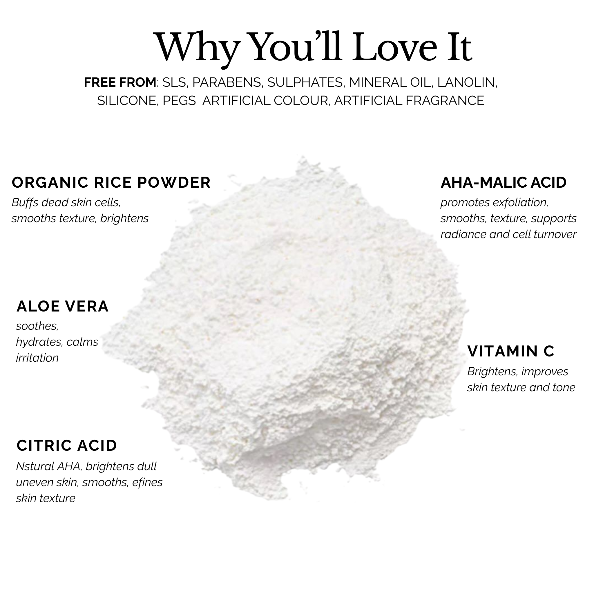 Holistik Skincare Radiance C Microexfoliant product texture key ingredients and benefits on a white background. 