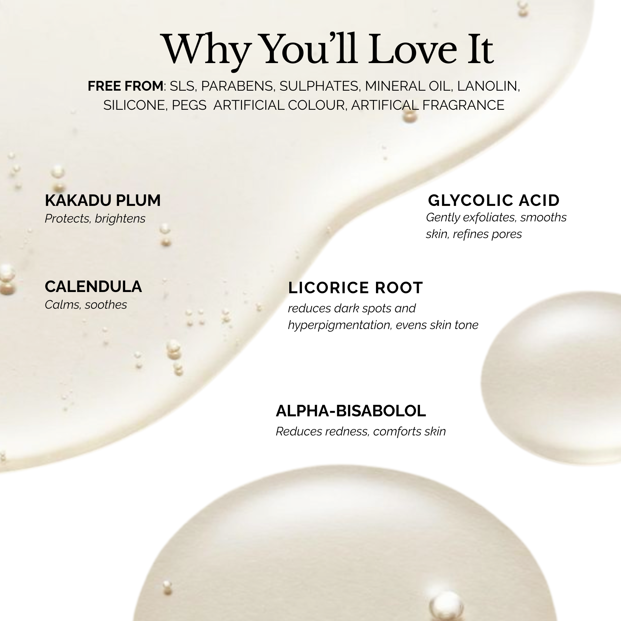 Holistik Skincare Renew Resurfacing Serum Texture with ingredients and benefits on a white background