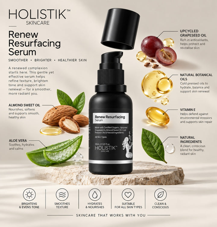 Renew Resurfacing Night Serum Holistik Skincare 10% Glycolic Acid. Reveal Brighter Skin With Gentle Resurfacing. Exfoliates to improve tone, texture and radiance