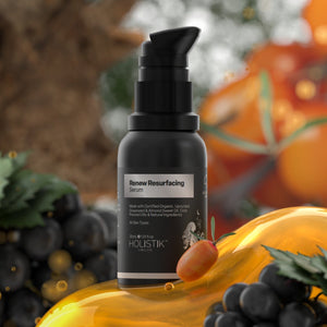 Renew Resurfacing Serum bottle with 10% Glycolic Acid, Kakadu Plum, and Licorice Root for smooth, bright skin - Holistik Skincare