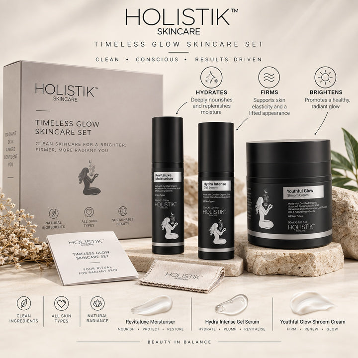 Timeless Glow Natural Skincare Set Holistik Skincare Supports Hydration, Visible Glow and Smoother-looking Skin While Helping Address Dryness, Dullness and the Appearance of Fine Lines.