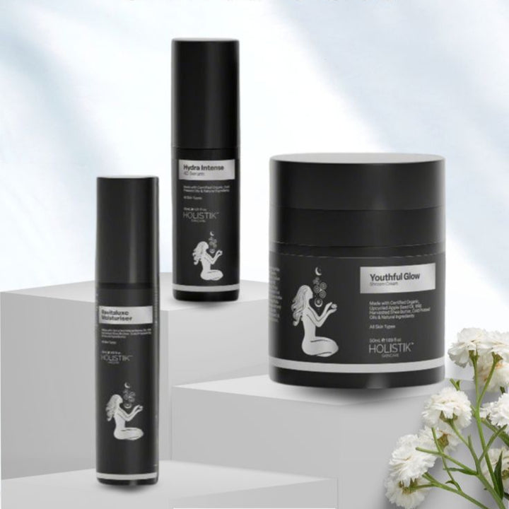 Timeless Glow Skincare Set Holistik Skincare bundle with Hydra Intense Serum, Youthful Glow Shroom Cream, and Revitaluxe Moisturiser for age defense