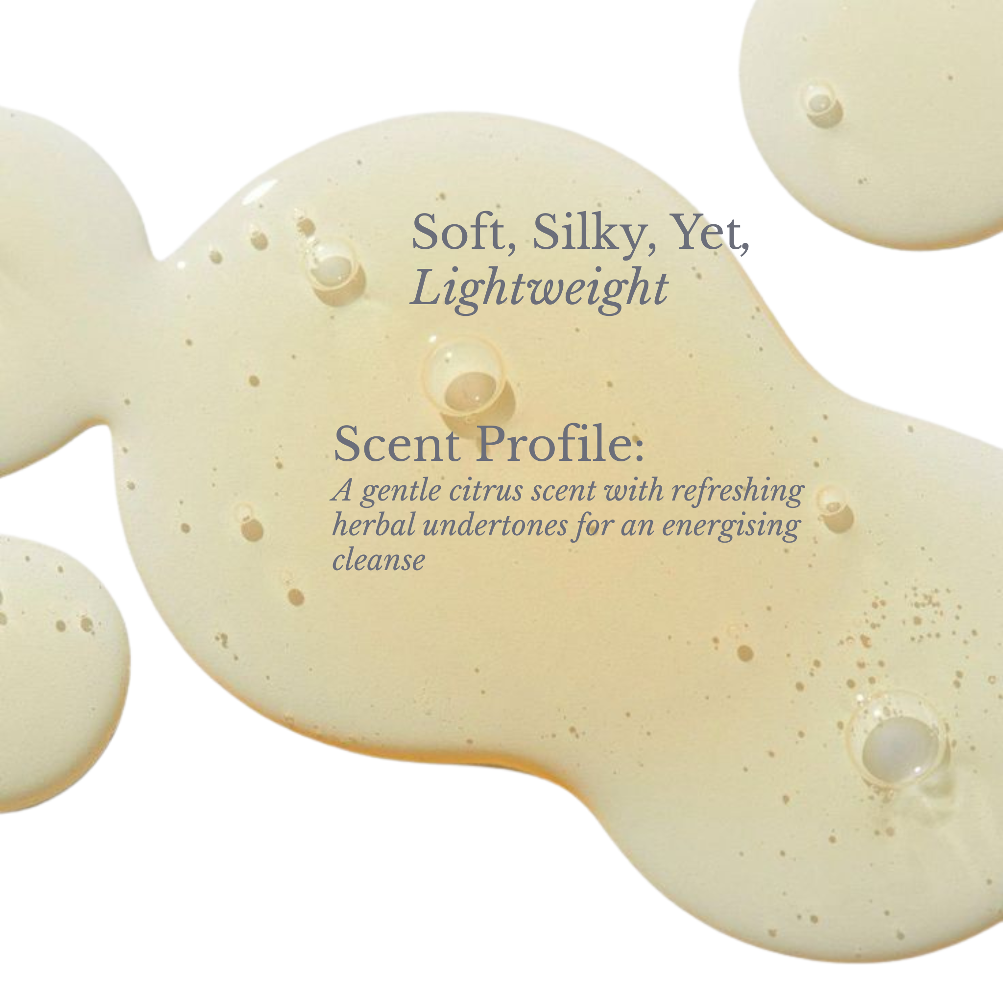 Holistik Skincare Product texture with descriptive text about scent profile and product feel on a white background