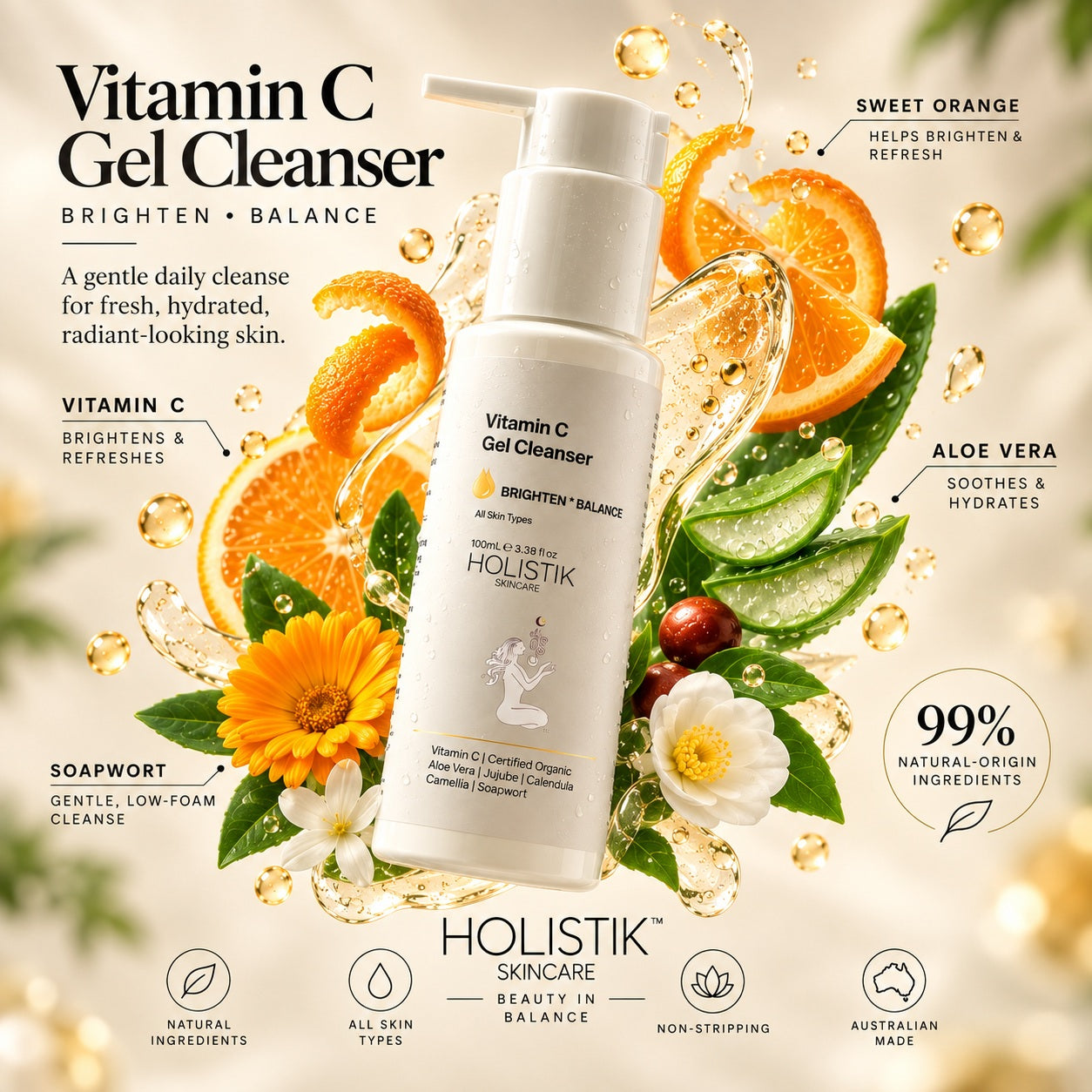 Vitamin C Sweet Orange Gel Brightening and balancing Cleanser Holistik Skincare