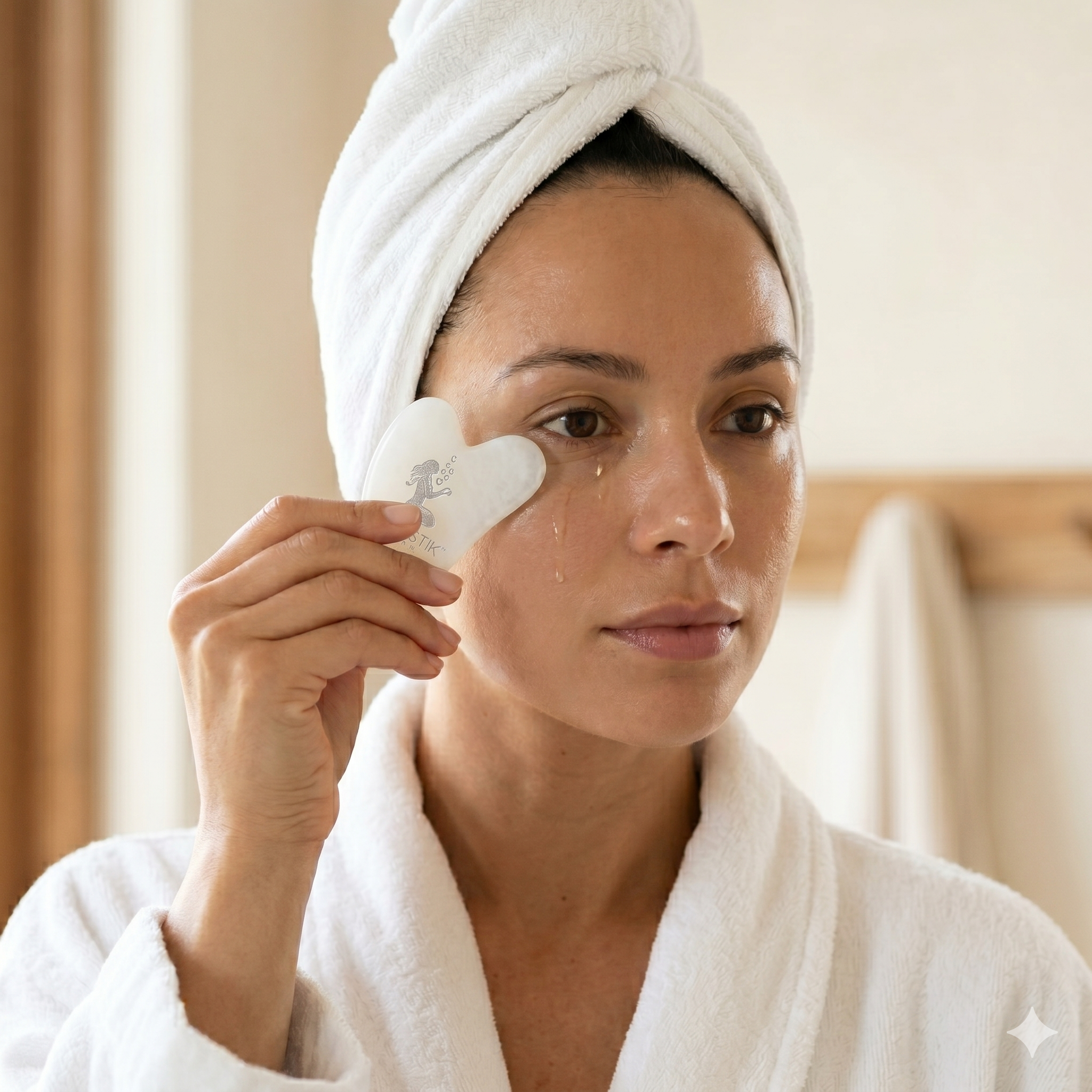 Woman using White Jade Gua Sha facial massage tool for lifting, sculpting and lymphatic drainage routines