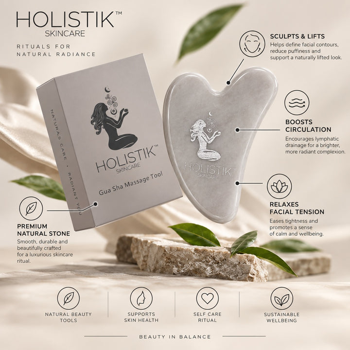 White Jade Gua Sha Massage Tool Holistik Skincare Sculpt, Depuff & Boost Circulation.  An easy daily ritual for glowing skin.