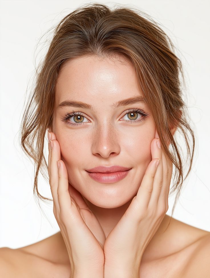 Woman with smooth skin touching her face against a neutral background