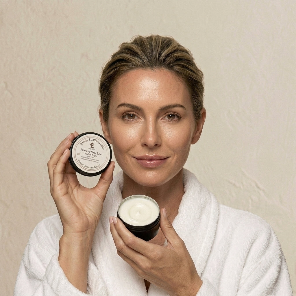Woman in a white robe holding Holistik Skincare Gentle Soothing Balm against a beige background