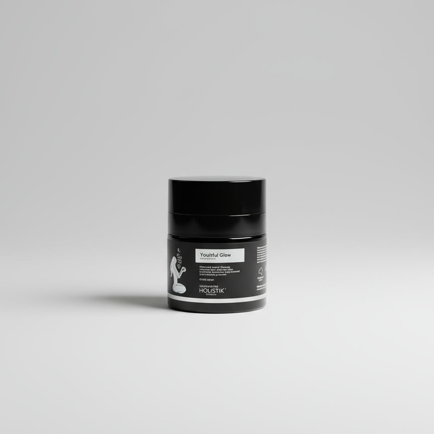 Black airless jar with black and silver 
label on a gray background