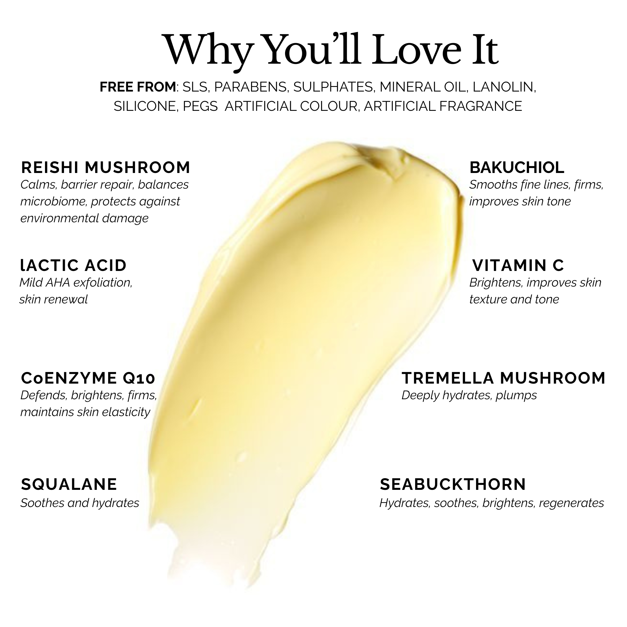 Holistik Skincare Youthful Glow Shroom Cream texture with key ingredients and benefits on a white background