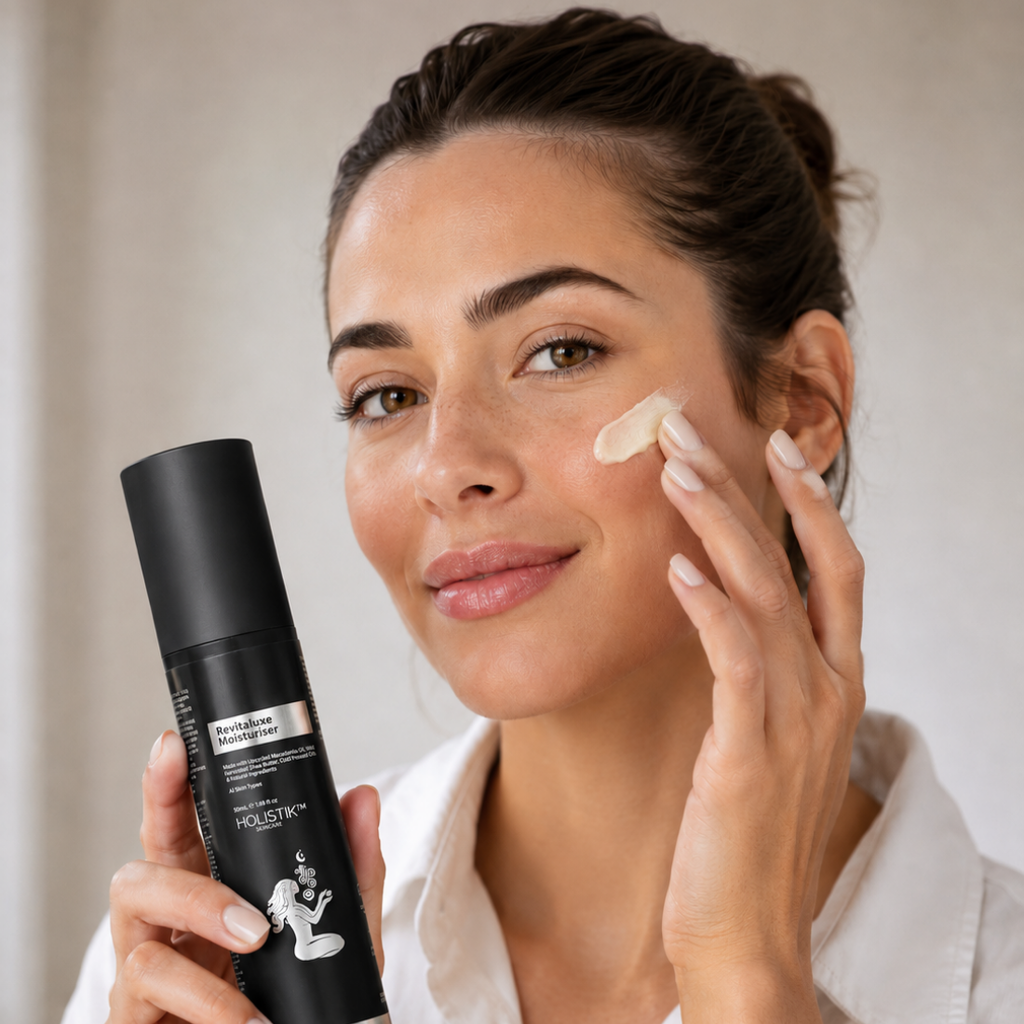 Holistik Skincare Revitaluxe Antioxidant Face Moisturiser Nourishes & firms, Triple Action Vitamins A,C,E, Softens with a radiant finish. Supports skin barrier, all skin types including problematic skin.  50ml RRP $62