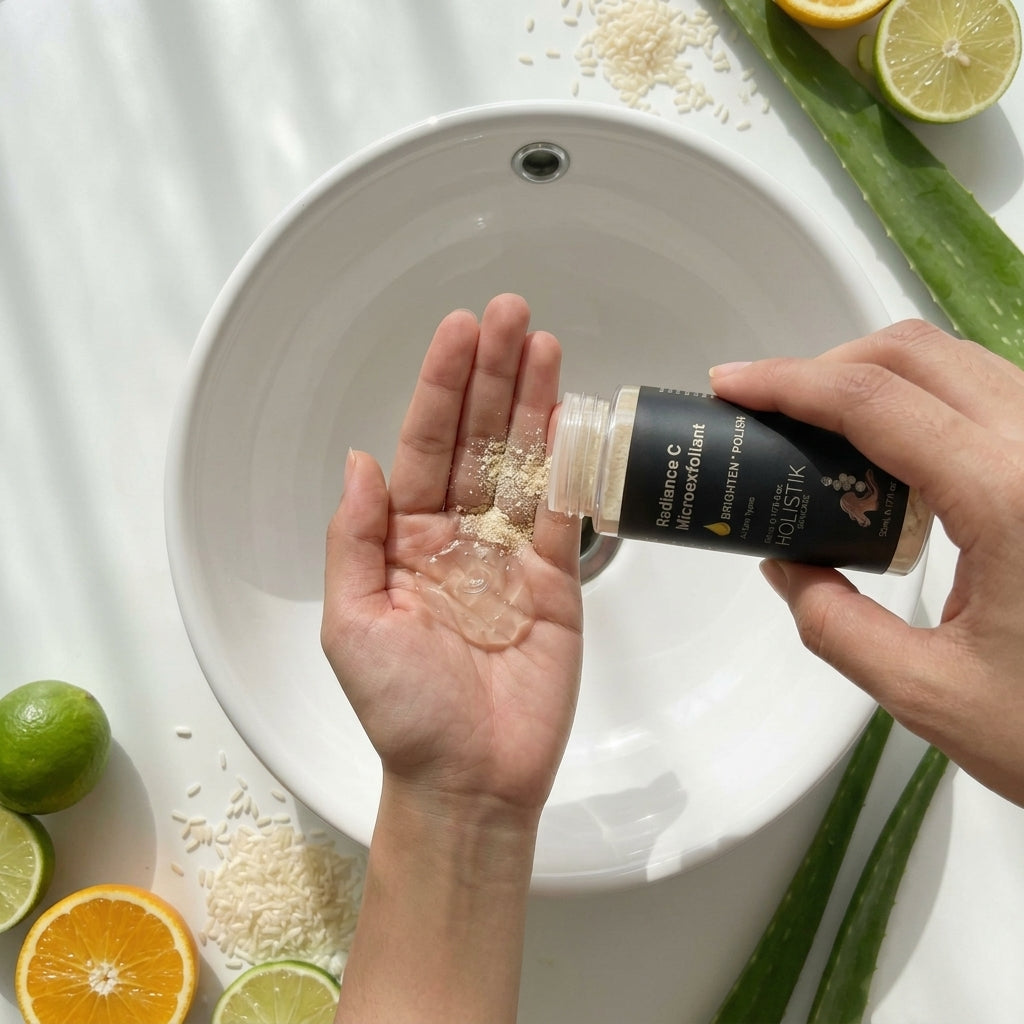 Holistik Skincare Radiance C Microexfoliant 50gm RRP $39 Gently exfoliants rough dull skin Organic Rice Powder Five Ingredients