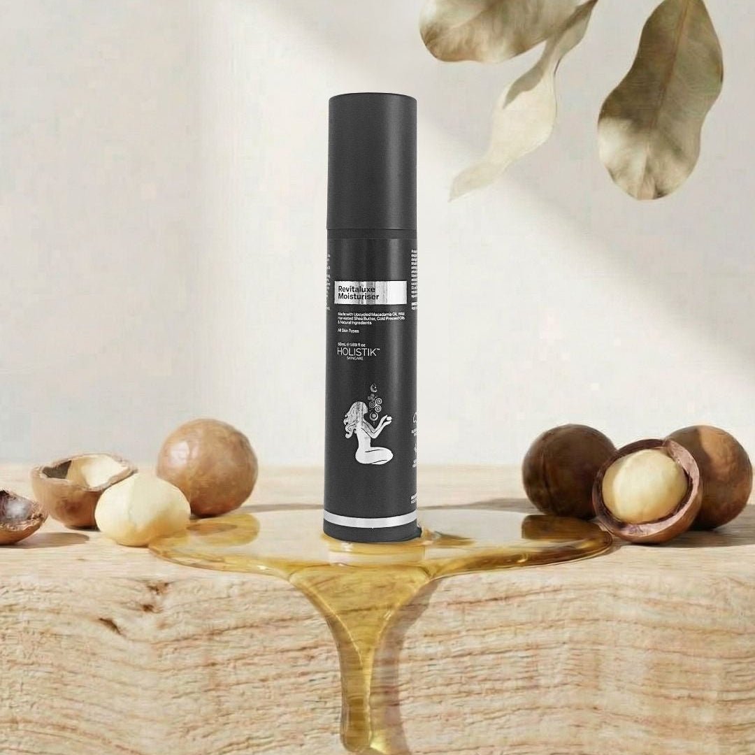 Revitaluxe Moisturiser packaging detail — Australian made antioxidant face cream