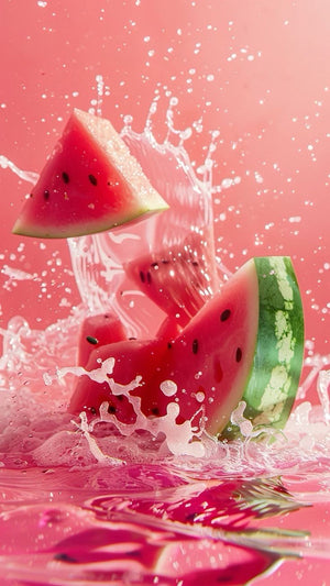 Watermelon slices with water splashes on a pink background