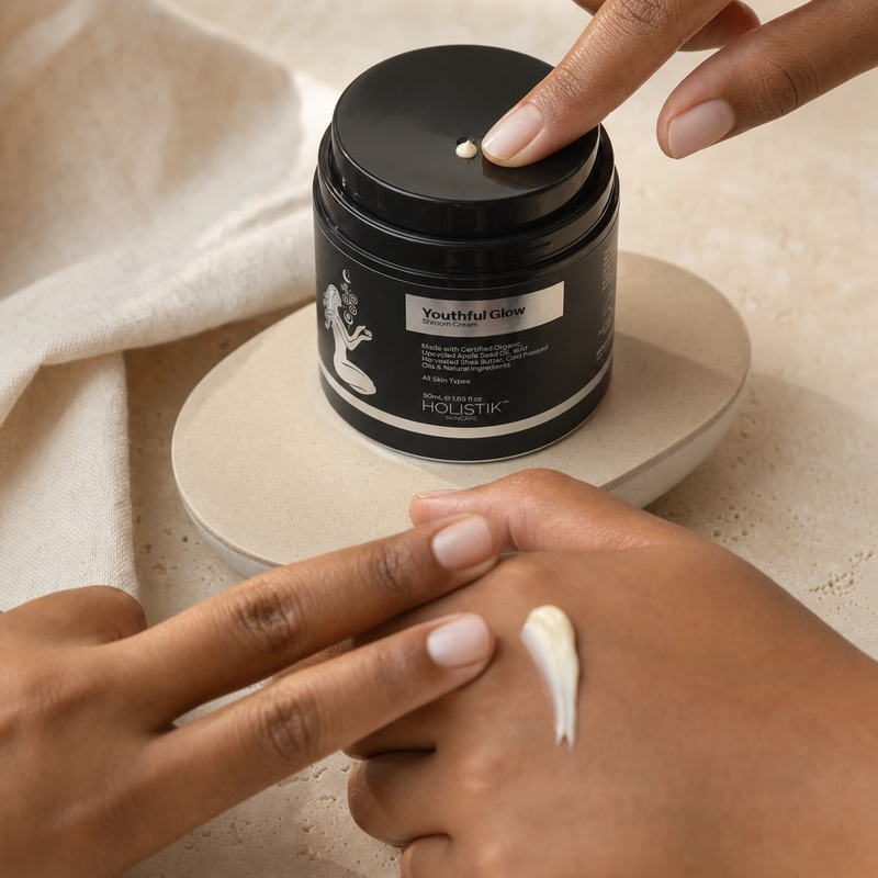 Holistik Skincare Airless Jar Youthful Glow Shroom Cream Bakuchiol and mushroom face moisturiser